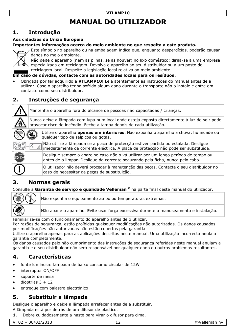 Manual do utilizador, Introdução, Instruções de segurança | Normas gerais, Características, Substituir a lâmpada | Velleman VTLAMP10 User Manual | Page 12 / 17