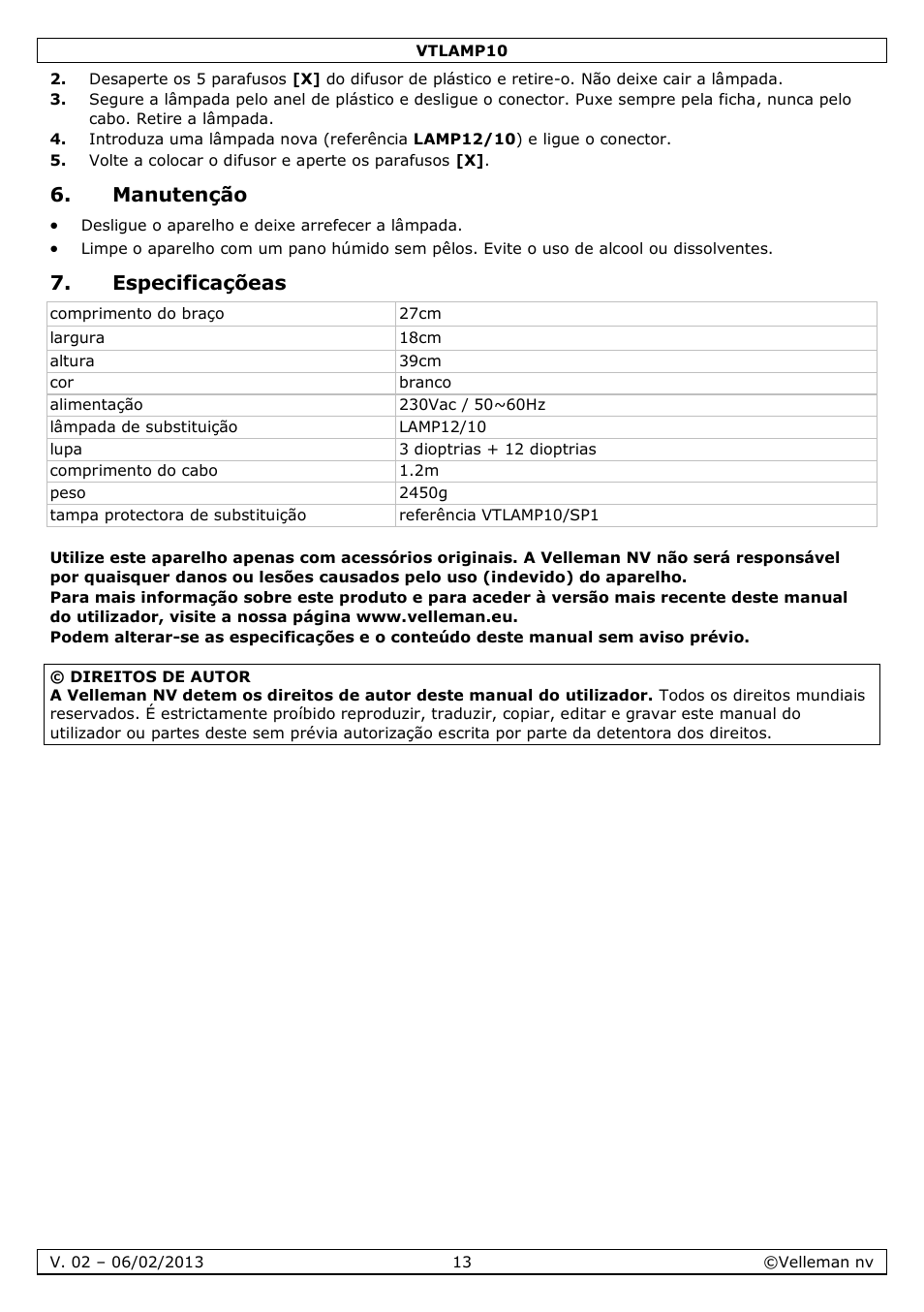 Manutenção, Especificaçõeas | Velleman VTLAMP10 User Manual | Page 13 / 17