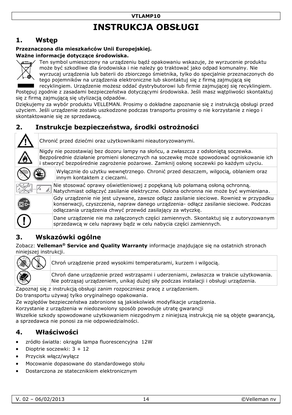 Instrukcja obsługi, Wstęp, Instrukcje bezpieczeństwa, środki ostrożności | Wskazówki ogólne, Właściwości | Velleman VTLAMP10 User Manual | Page 14 / 17