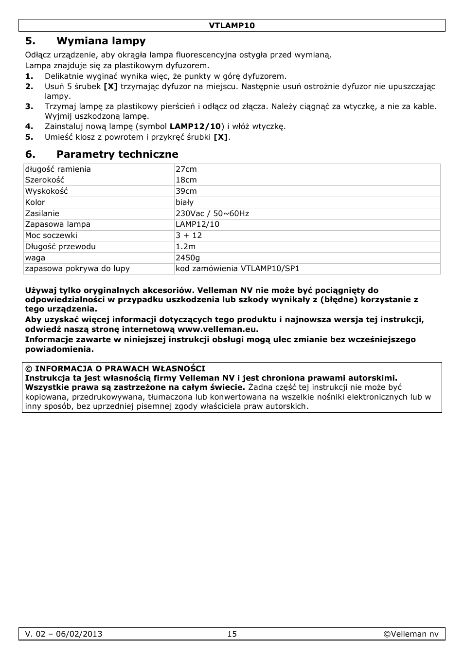 Wymiana lampy, Parametry techniczne | Velleman VTLAMP10 User Manual | Page 15 / 17