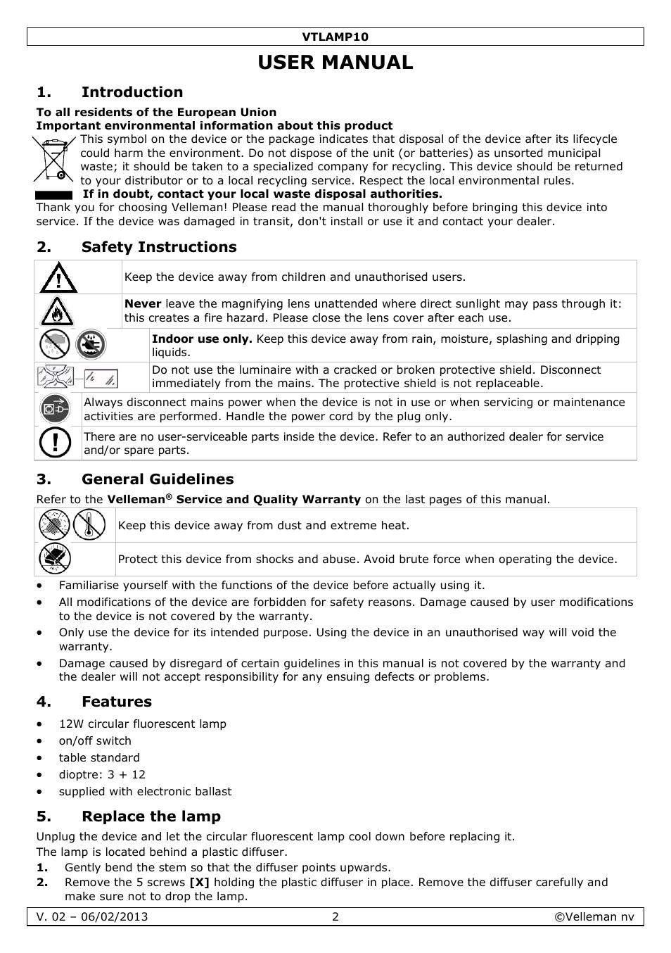 User manual, Introduction, Safety instructions | General guidelines, Features, Replace the lamp | Velleman VTLAMP10 User Manual | Page 2 / 17