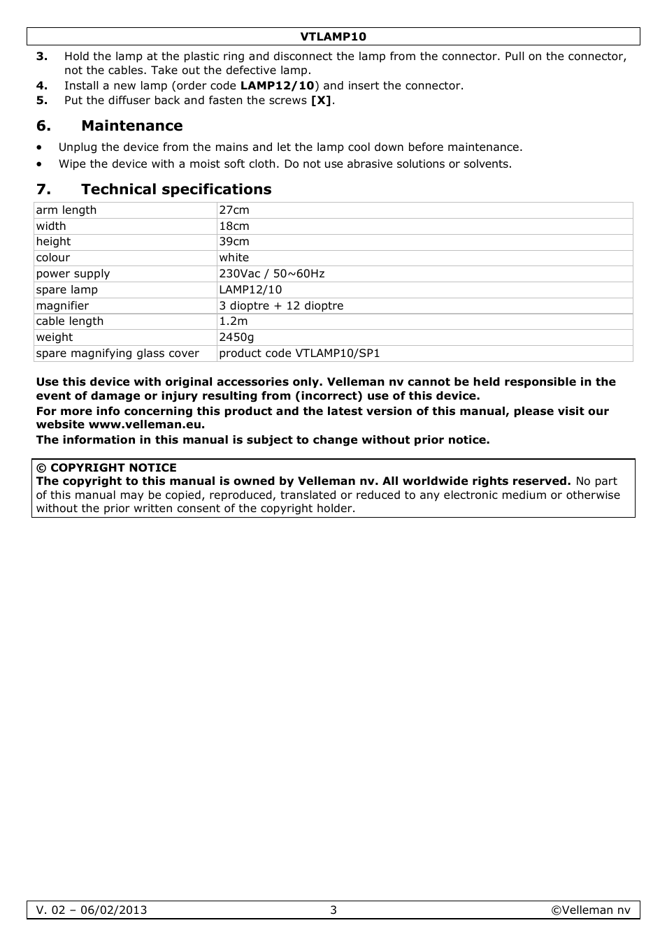 Maintenance, Technical specifications | Velleman VTLAMP10 User Manual | Page 3 / 17