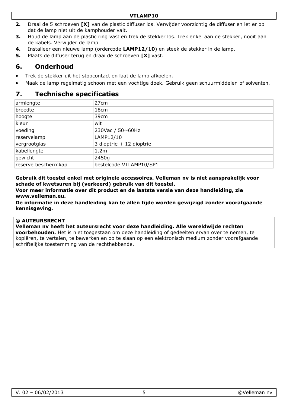Onderhoud, Technische specificaties | Velleman VTLAMP10 User Manual | Page 5 / 17