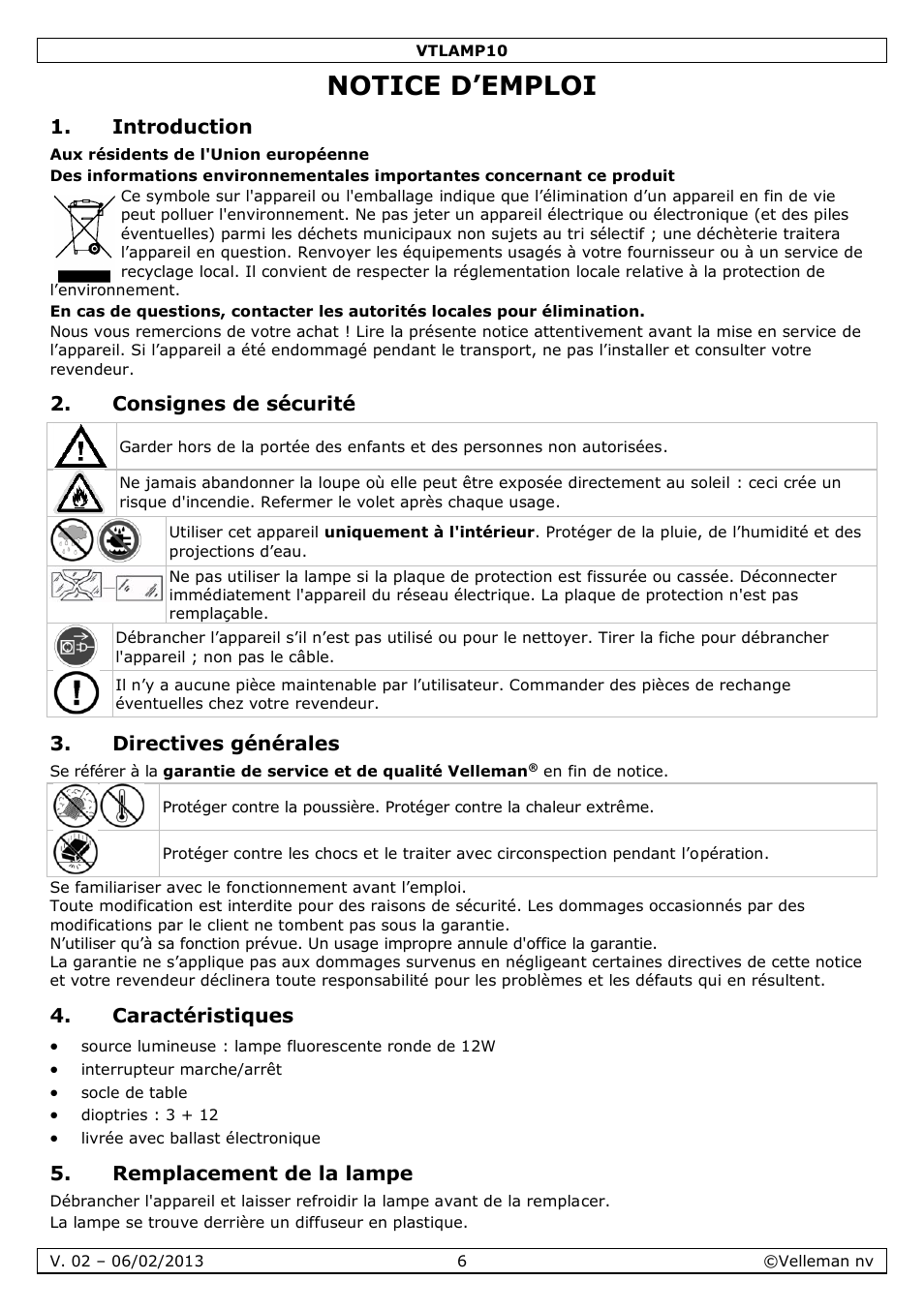 Notice d’emploi, Introduction, Consignes de sécurité | Directives générales, Caractéristiques, Remplacement de la lampe | Velleman VTLAMP10 User Manual | Page 6 / 17