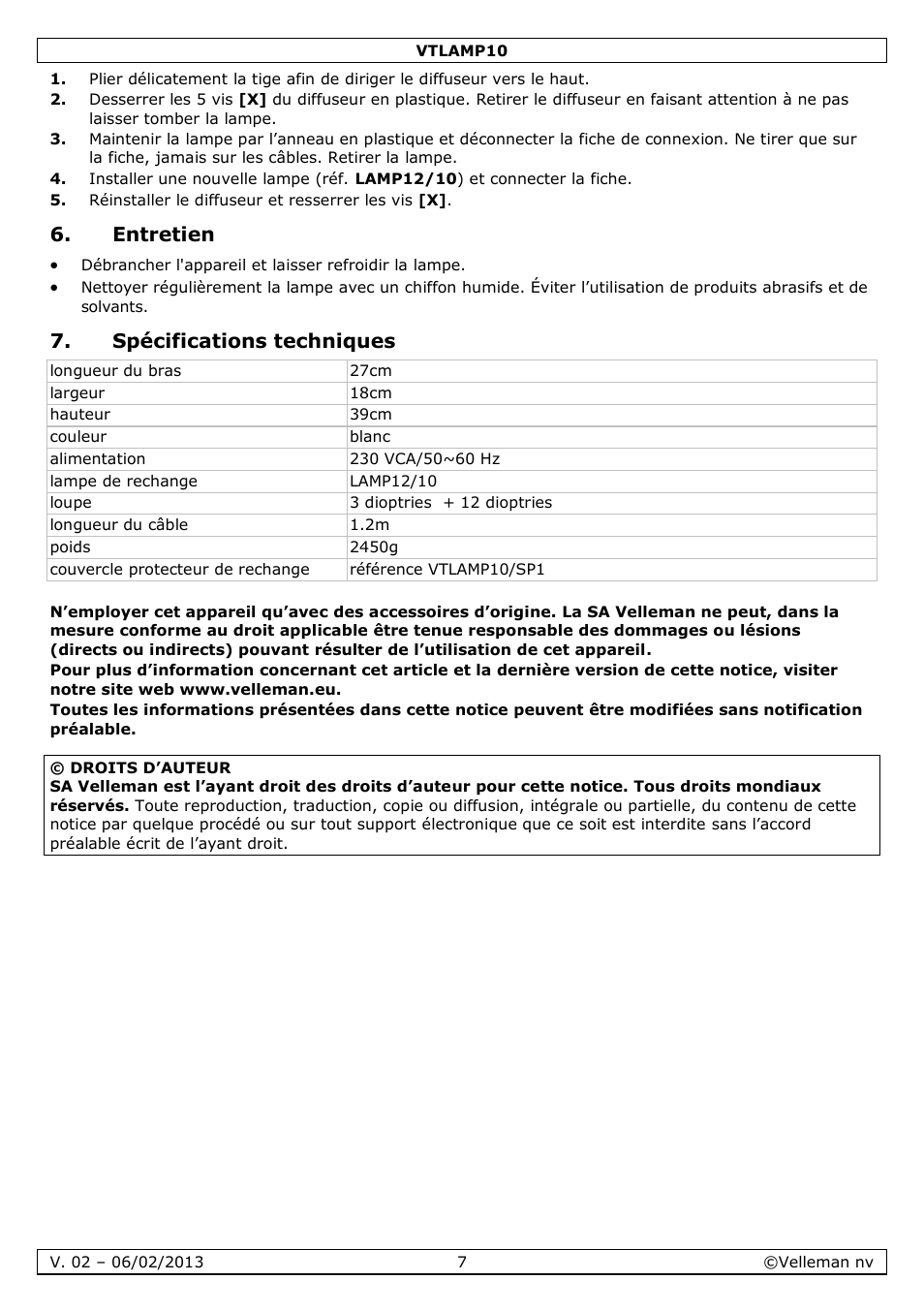 Entretien, Spécifications techniques | Velleman VTLAMP10 User Manual | Page 7 / 17