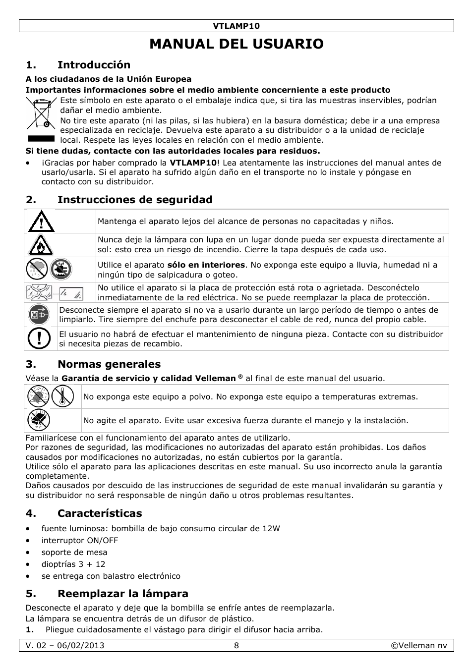 Manual del usuario, Introducción, Instrucciones de seguridad | Normas generales, Características, Reemplazar la lámpara | Velleman VTLAMP10 User Manual | Page 8 / 17