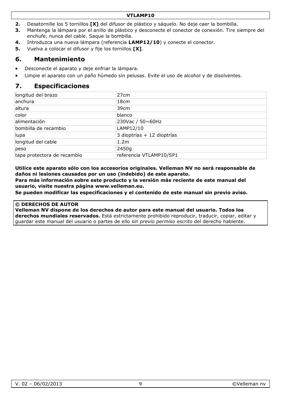 Mantenimiento, Especificaciones | Velleman VTLAMP10 User Manual | Page 9 / 17
