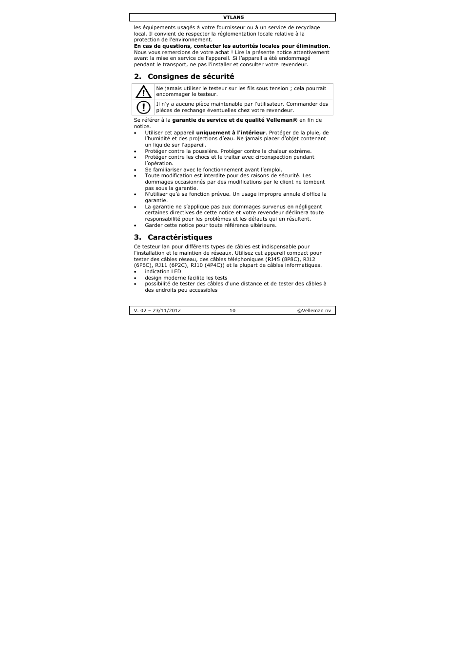 Nsignes de, Ractéristiqu, Sécurité | Velleman VTLAN5 User Manual | Page 10 / 32