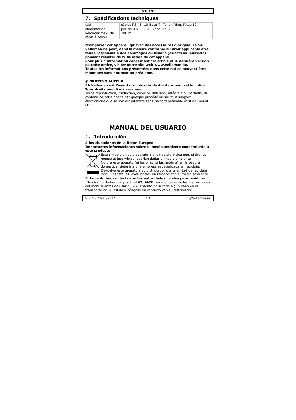 Manual del usuario, Manu, Ual del | Usuari, Écifications, Troducción, S technique | Velleman VTLAN5 User Manual | Page 13 / 32