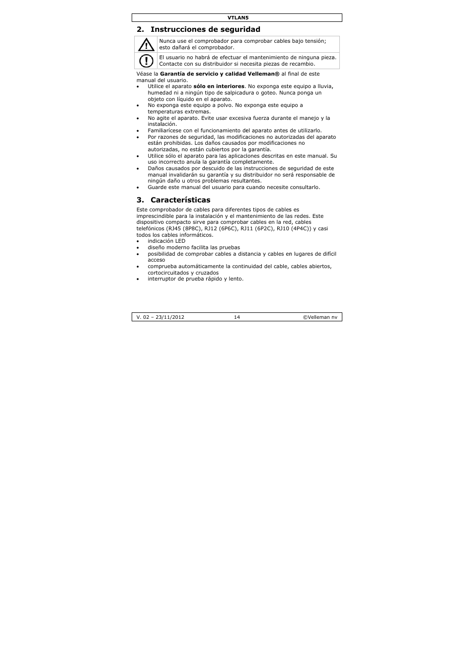 Strucciones, Racterística, S de segurid | Velleman VTLAN5 User Manual | Page 14 / 32