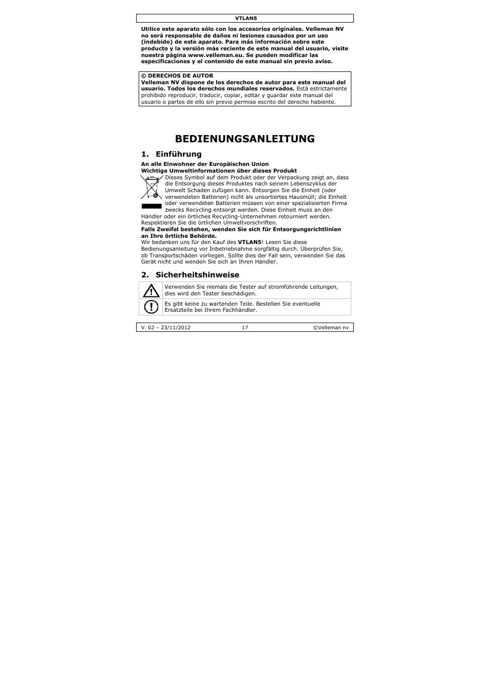 Bedienungsanleitung, Bedien, Nungsa | Anleitu, Nführung, Cherheitshin, Nweise | Velleman VTLAN5 User Manual | Page 17 / 32