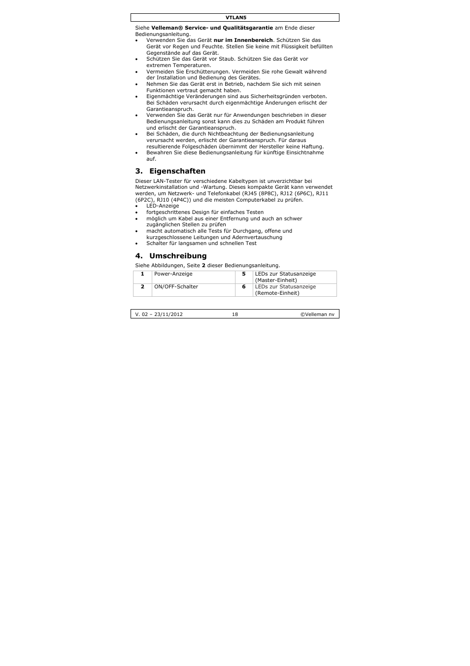 Eigenschaften, Umschreibung | Velleman VTLAN5 User Manual | Page 18 / 32