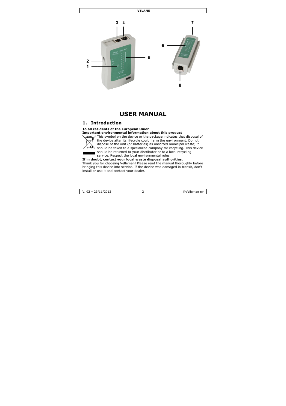 User manual, User ma, Nual | Troduction | Velleman VTLAN5 User Manual | Page 2 / 32