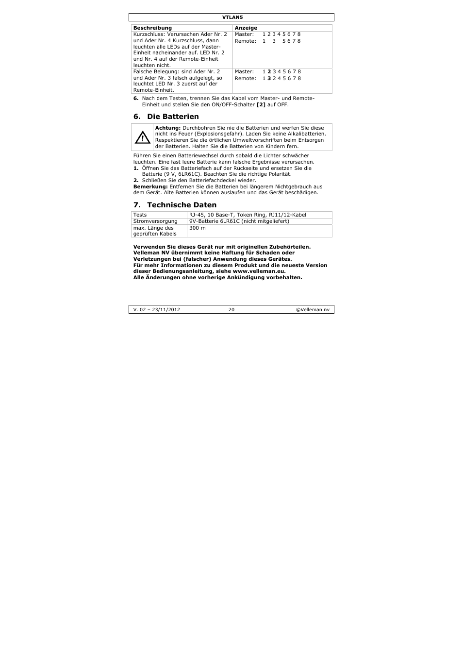 E batterien, Chnische d, Aten | Velleman VTLAN5 User Manual | Page 20 / 32