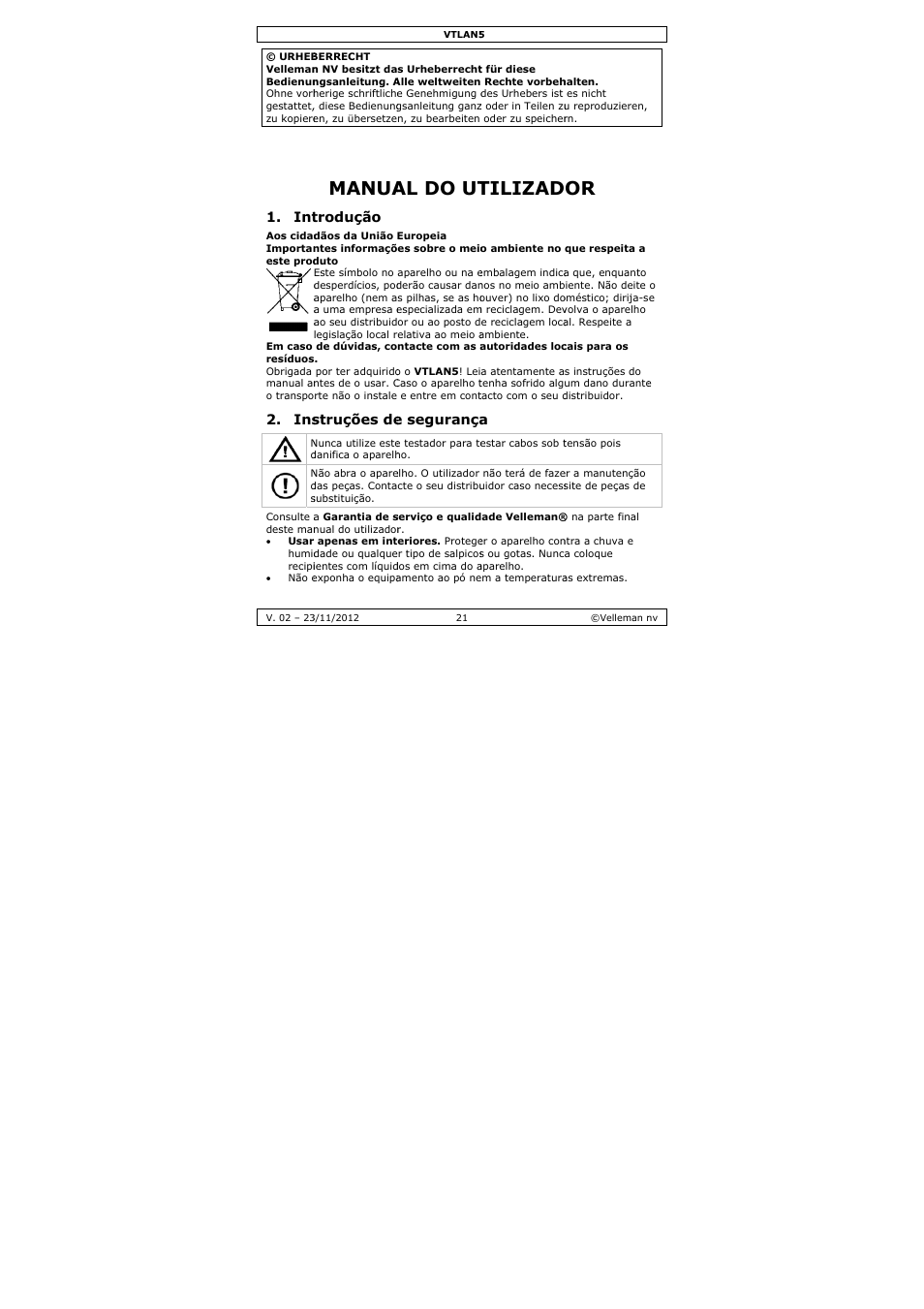 Manual do utilizador, Manua, Al do ut | Tilizad, Trodução, Struções de, E segurança | Velleman VTLAN5 User Manual | Page 21 / 32