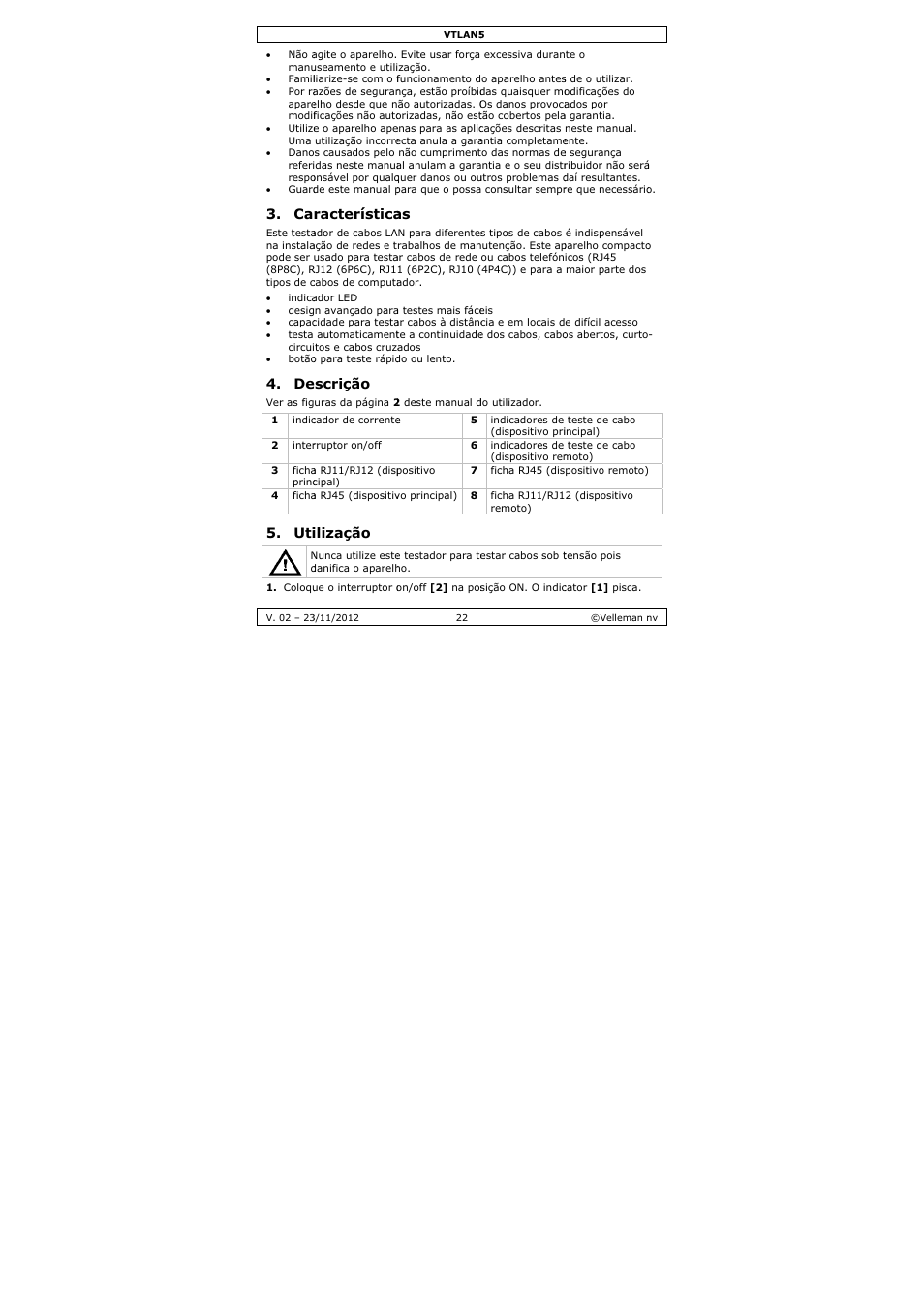 Racterística, Scrição, Ilização | Velleman VTLAN5 User Manual | Page 22 / 32