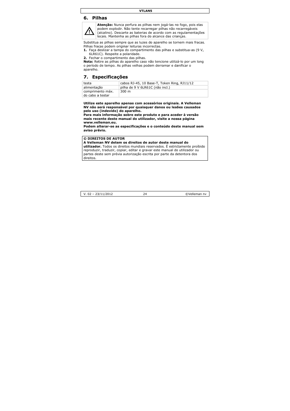 Pecificaçõe | Velleman VTLAN5 User Manual | Page 24 / 32