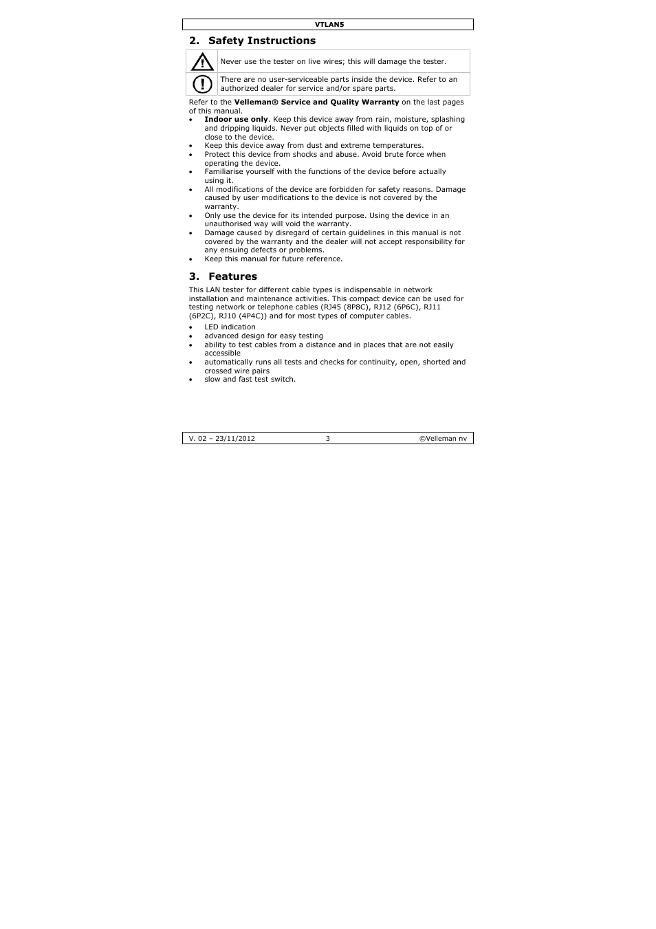 Fety instru, Atures, Ctions | Velleman VTLAN5 User Manual | Page 3 / 32