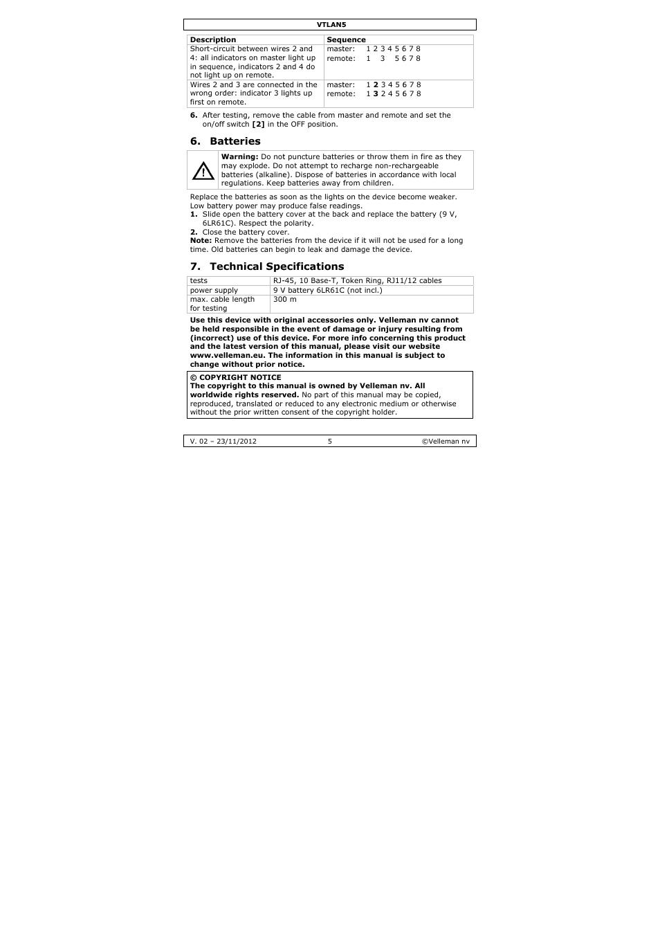 Tteries, Chnical spe, Ecifications | Velleman VTLAN5 User Manual | Page 5 / 32