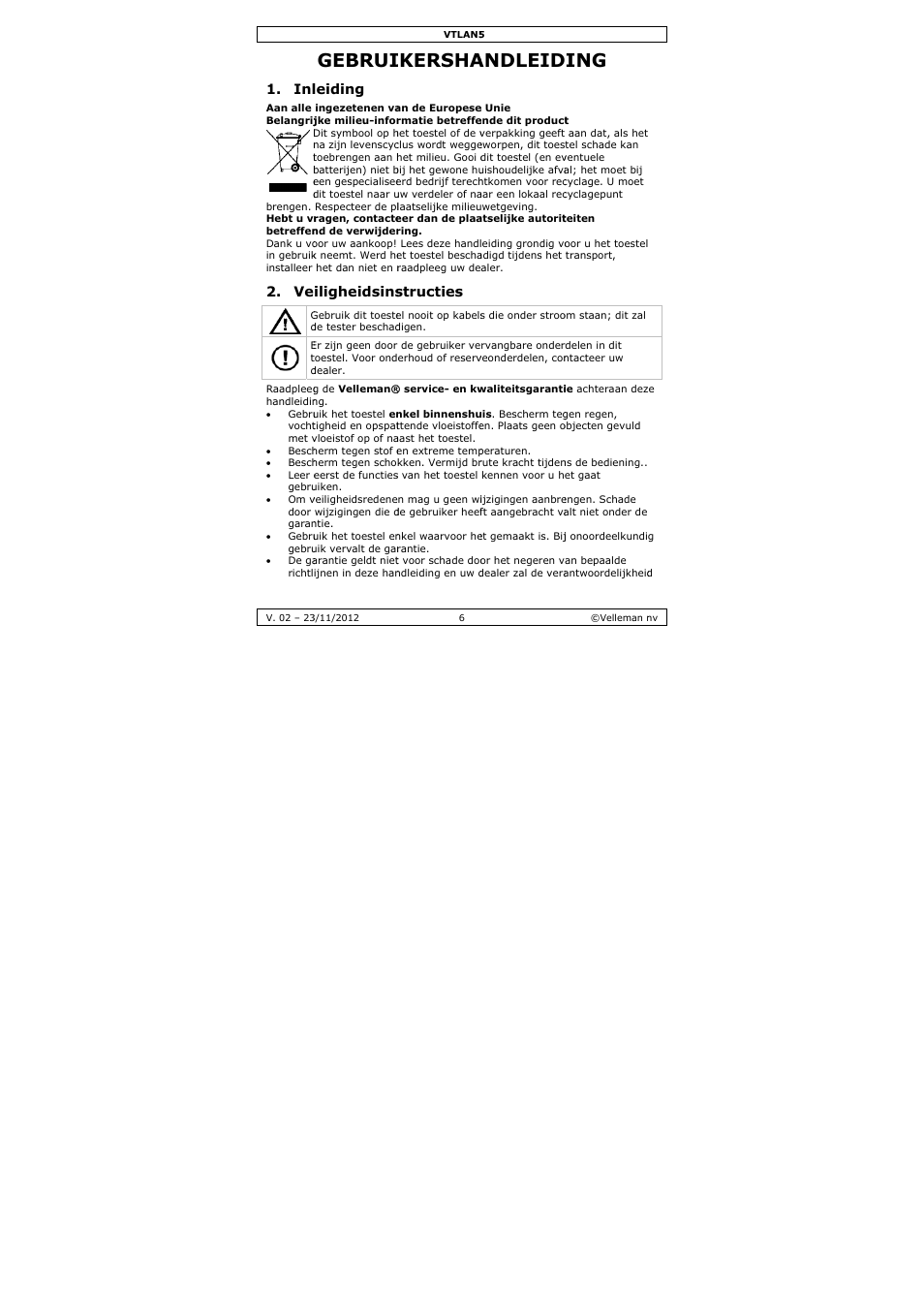 Gebruikershandleiding, Gebrui, Ikersha | Andleid, Leiding, Iligheidsins, Structies | Velleman VTLAN5 User Manual | Page 6 / 32