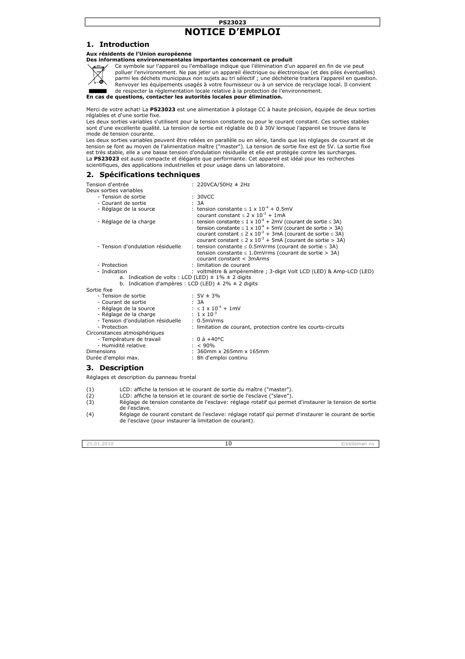 Otice d, Emploi, Troduction | Écifications, Scription, S technique | Velleman PS23023 User Manual | Page 10 / 20