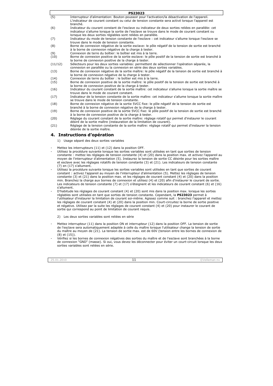 Instructions d’opération | Velleman PS23023 User Manual | Page 11 / 20