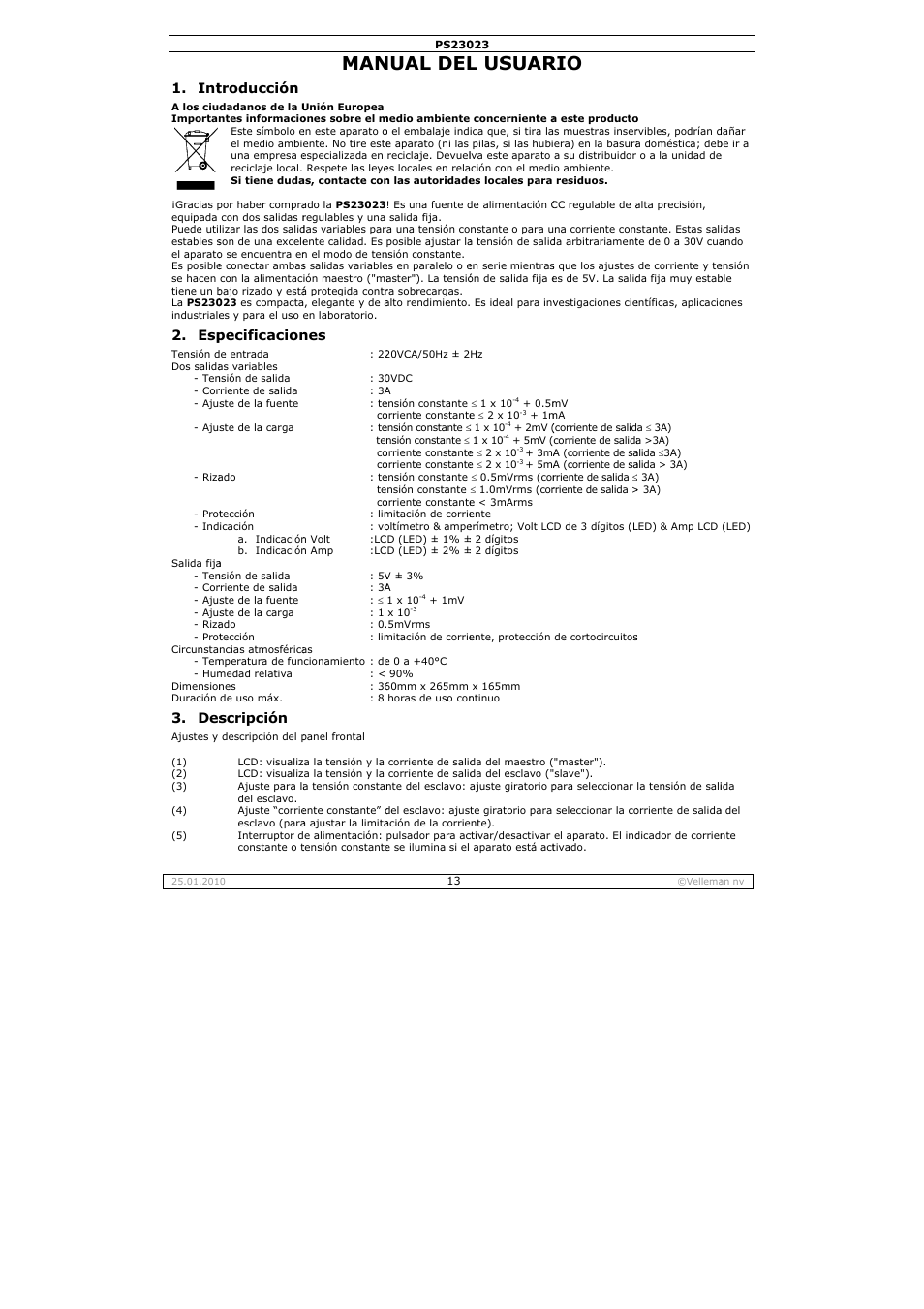 Nual del, L usuar, Troducción | Pecificacion, Scripción | Velleman PS23023 User Manual | Page 13 / 20