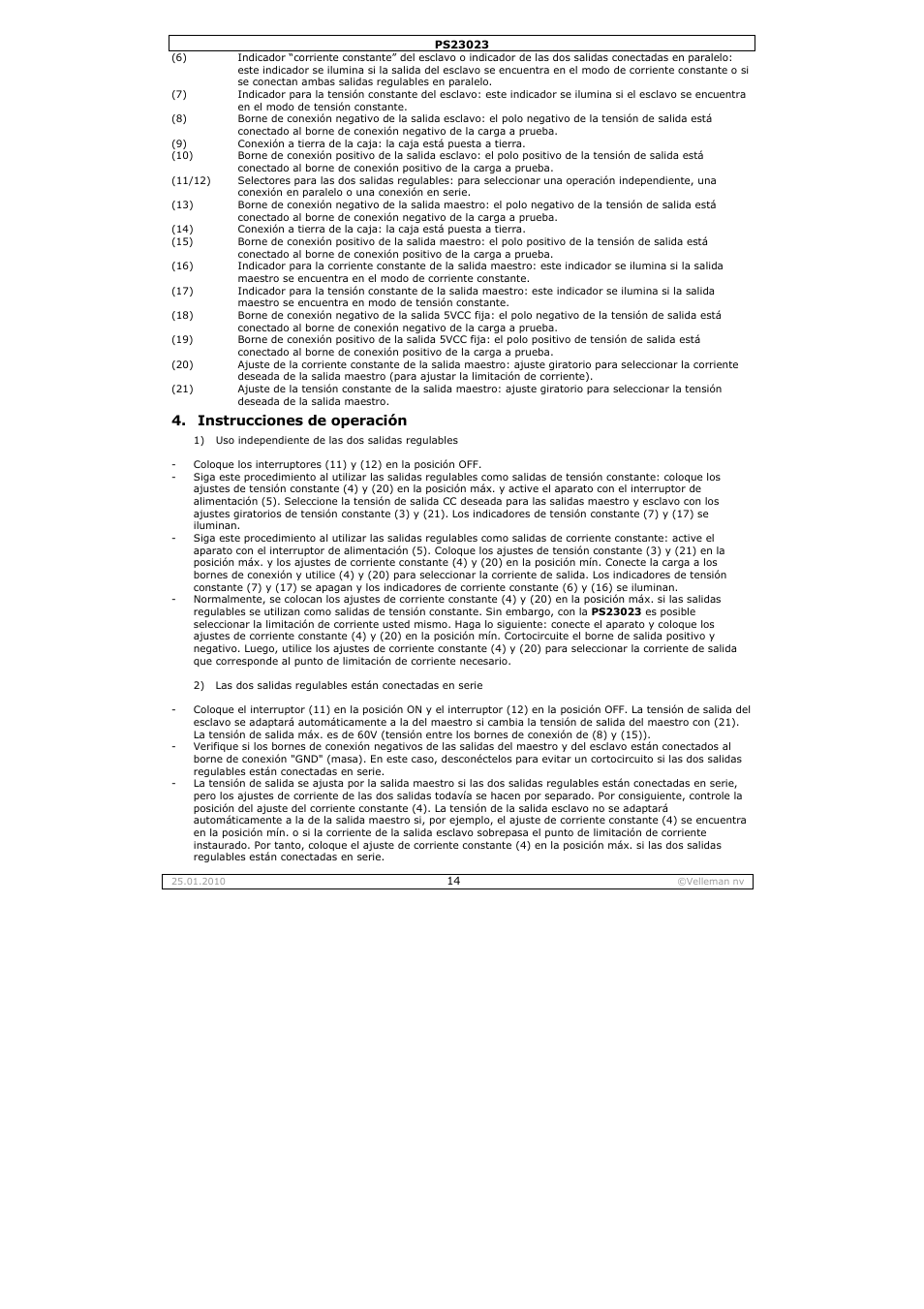 Instrucciones de operación | Velleman PS23023 User Manual | Page 14 / 20