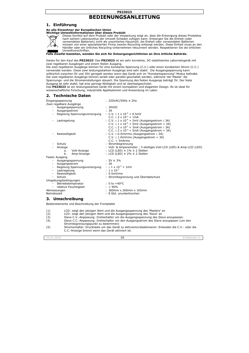 Bedie, Enungs, Anleitu | Nführung, Chnische da, Mschreibung, Aten | Velleman PS23023 User Manual | Page 16 / 20