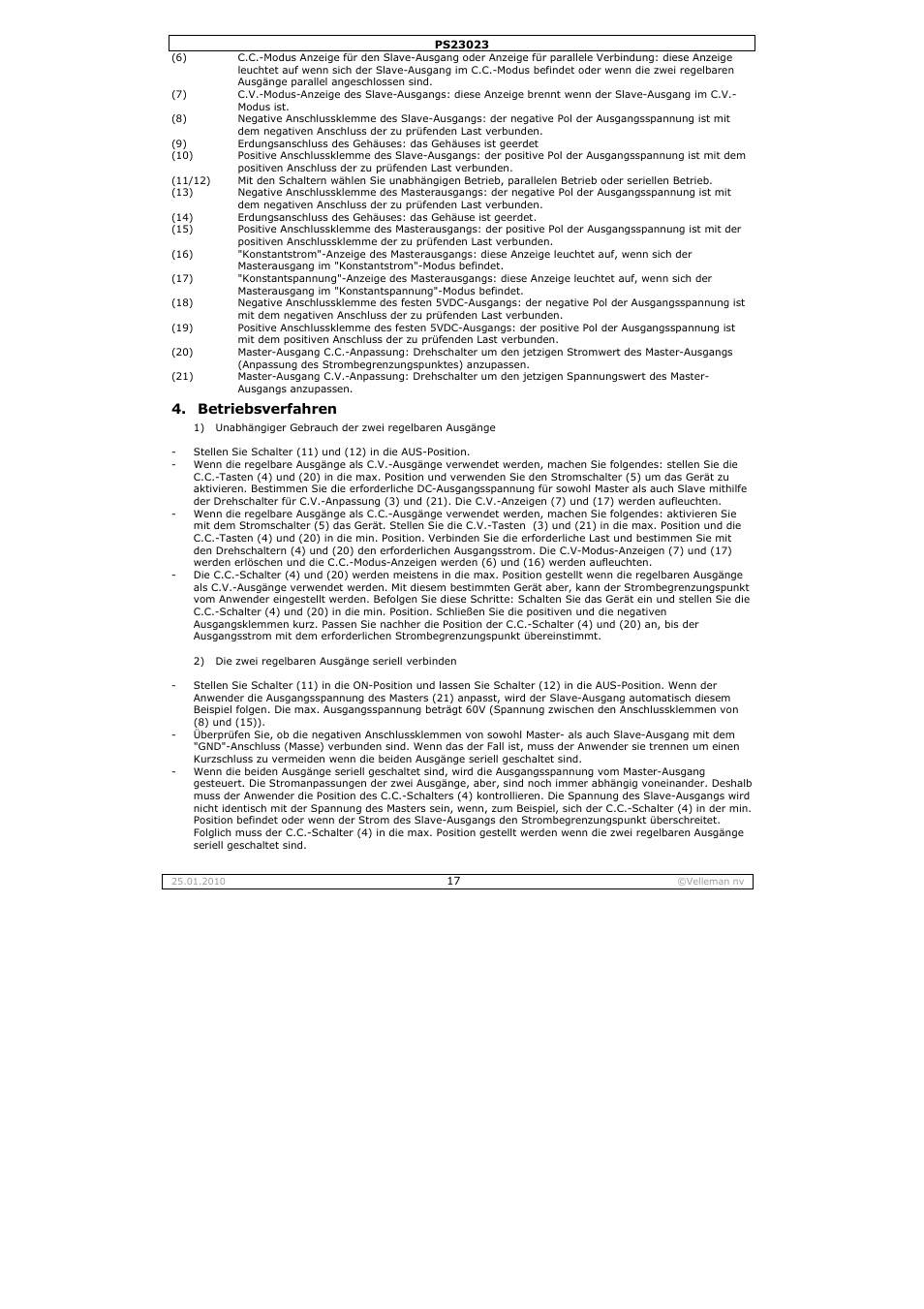 Betriebsverfahren | Velleman PS23023 User Manual | Page 17 / 20