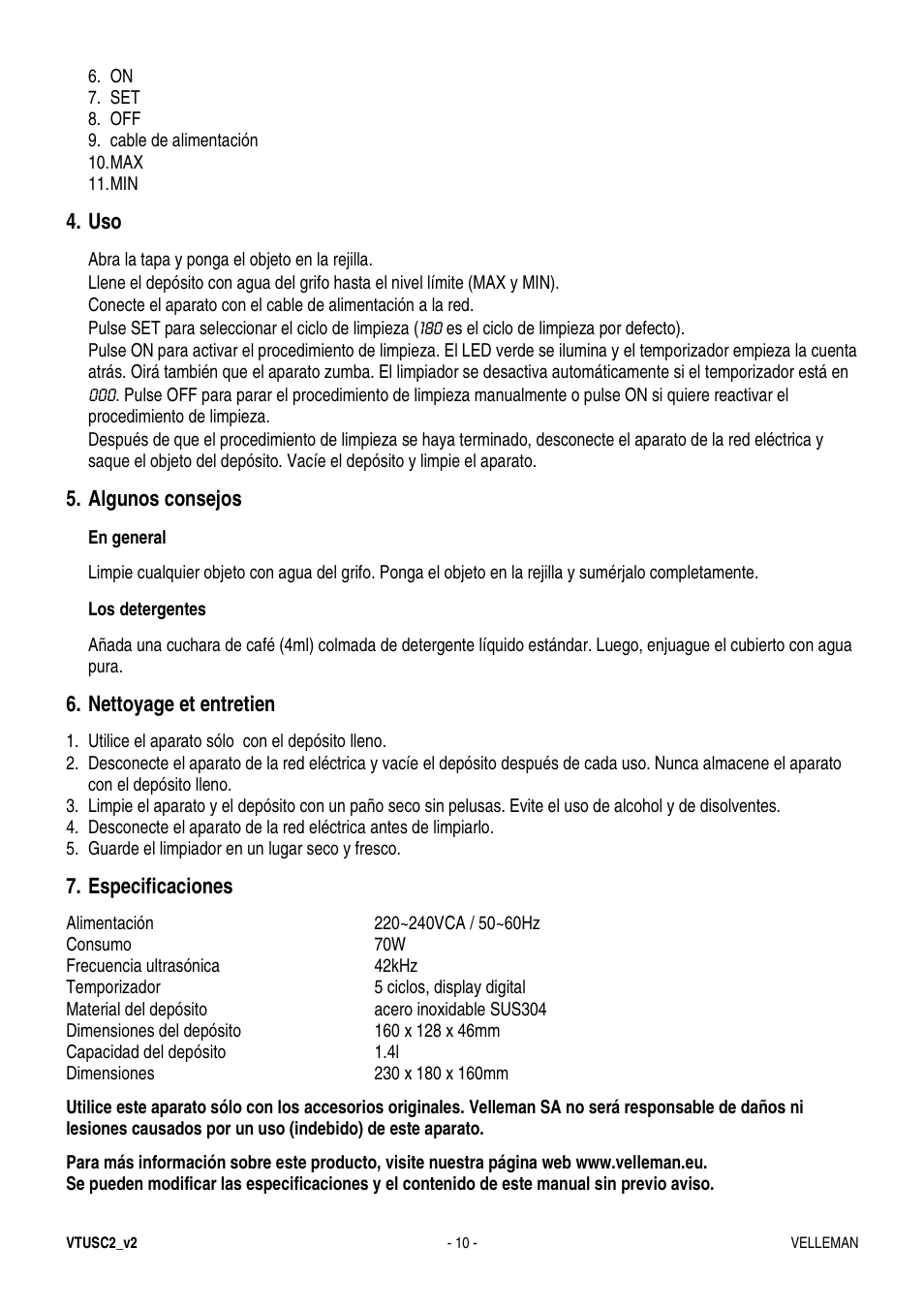 Algunos consejos, Nettoyage et entretien, Especificaciones | Velleman VTUSC2 User Manual | Page 10 / 12