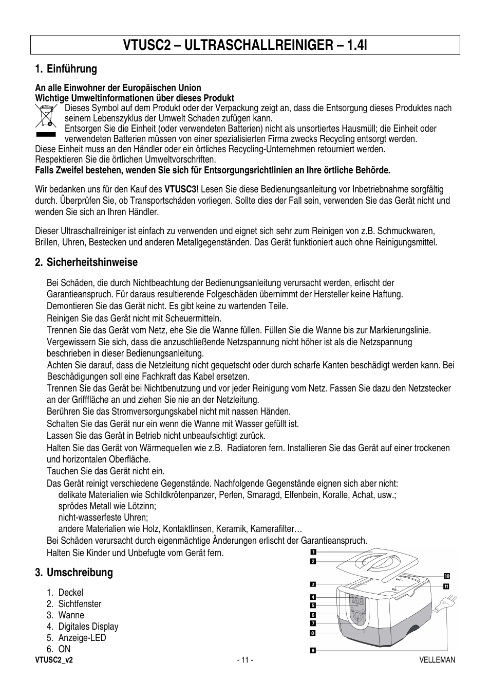 Vtusc2 – ultraschallreiniger – 1.4l | Velleman VTUSC2 User Manual | Page 11 / 12
