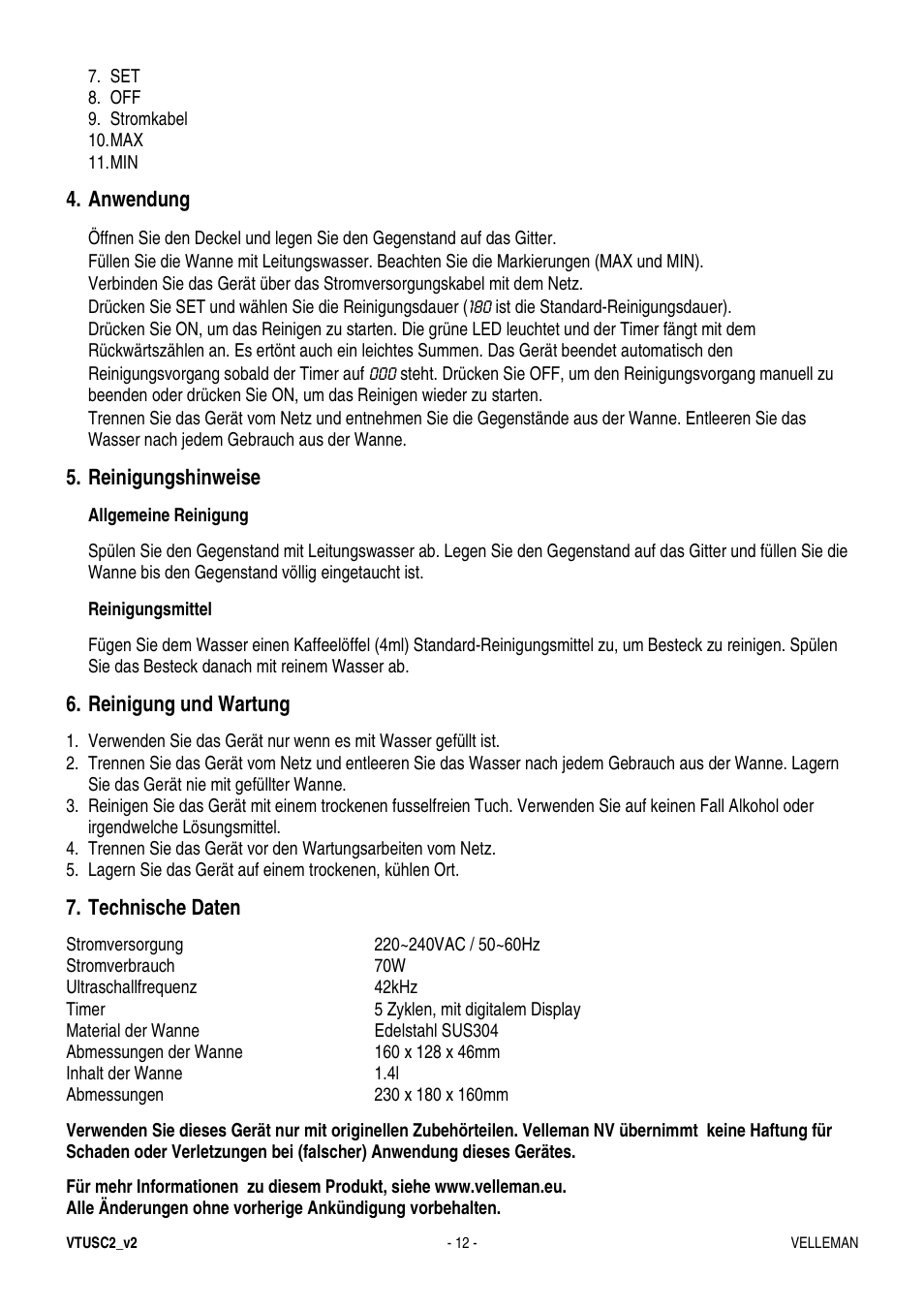 Anwendung, Reinigungshinweise, Reinigung und wartung | Technische daten | Velleman VTUSC2 User Manual | Page 12 / 12