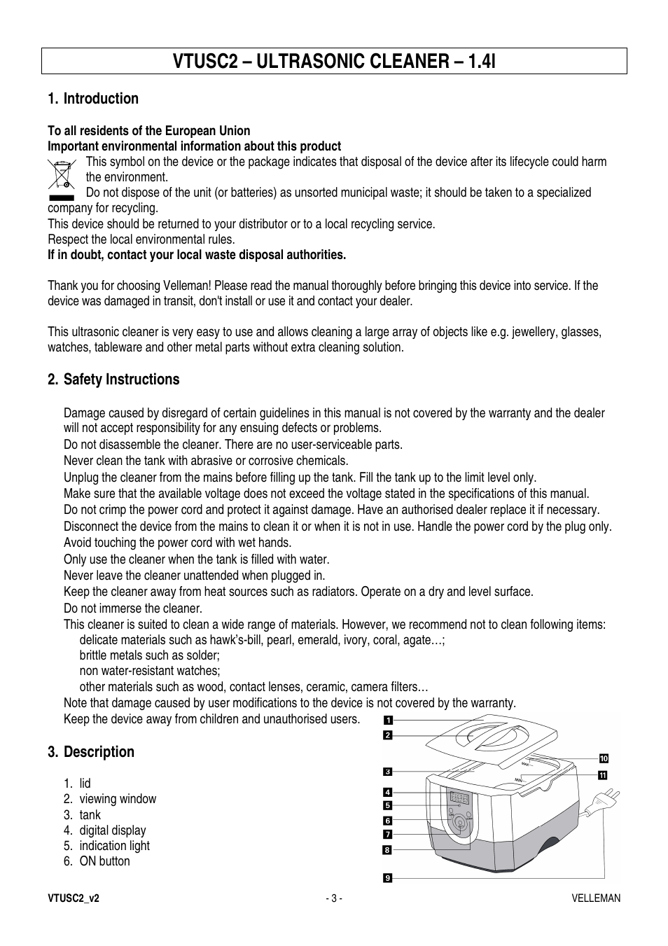 Vtusc2 – ultrasonic cleaner – 1.4l | Velleman VTUSC2 User Manual | Page 3 / 12