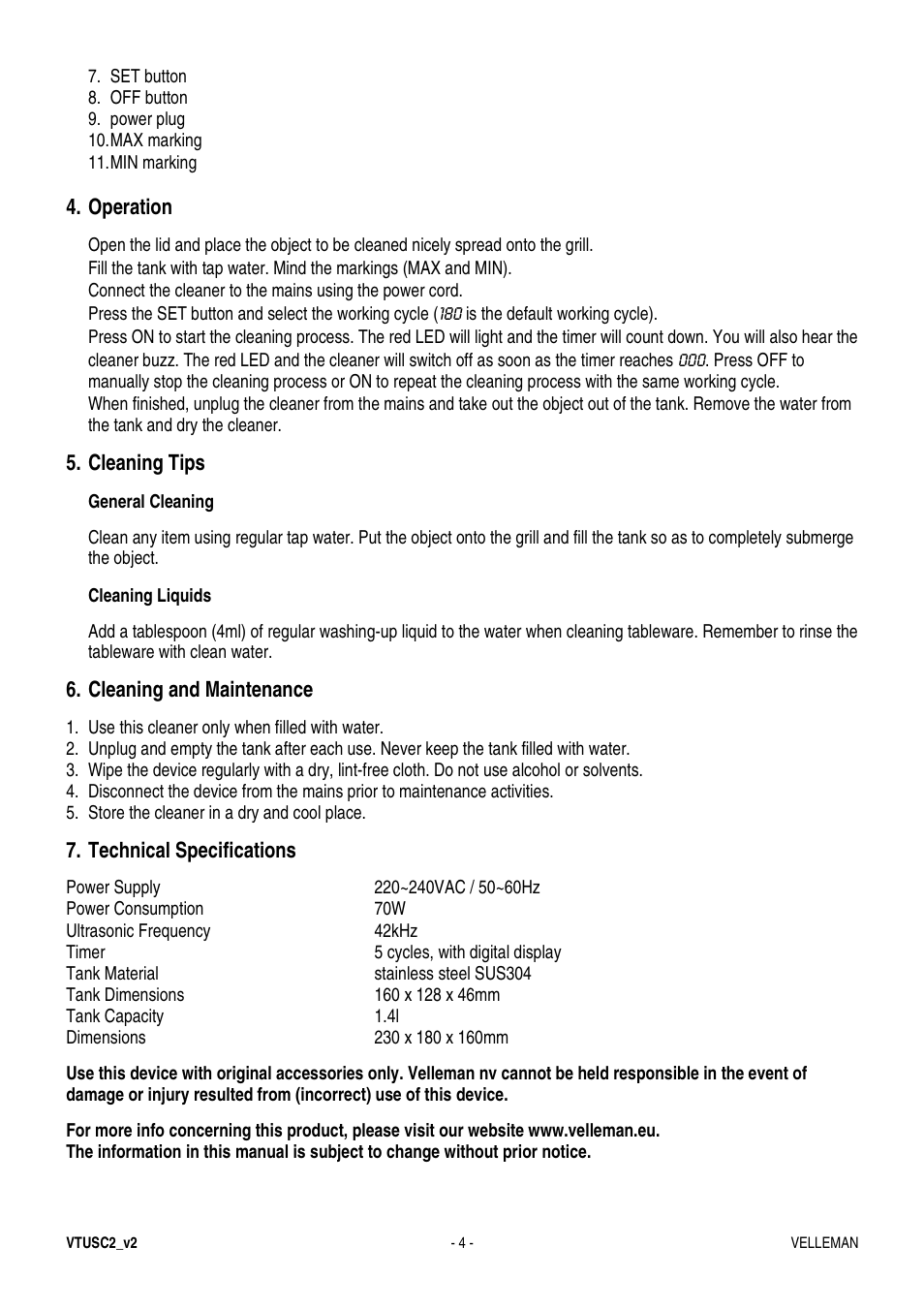Operation, Cleaning tips, Cleaning and maintenance | Technical specifications | Velleman VTUSC2 User Manual | Page 4 / 12