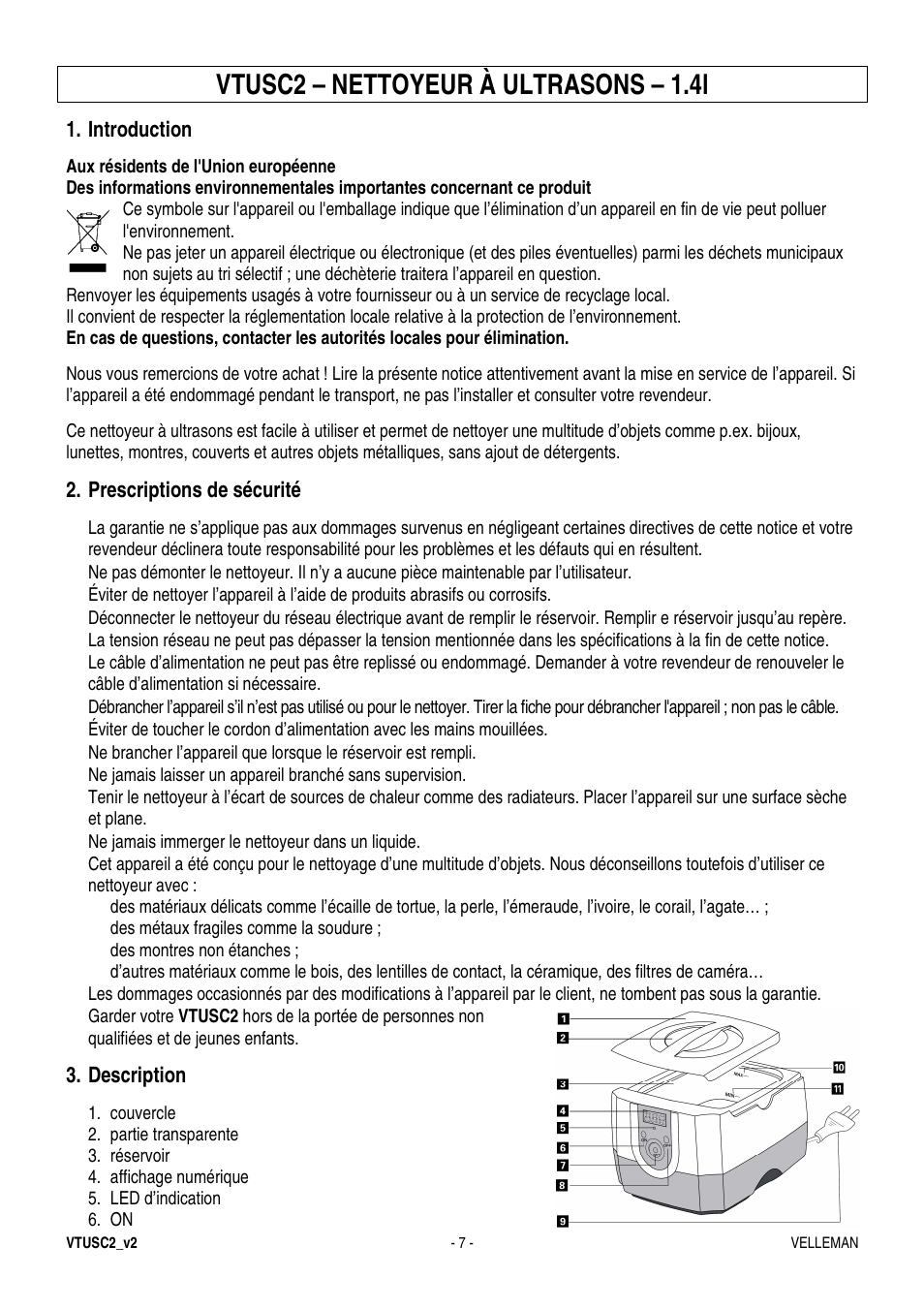 Vtusc2 – nettoyeur à ultrasons – 1.4l, Introduction, Prescriptions de sécurité | Description | Velleman VTUSC2 User Manual | Page 7 / 12