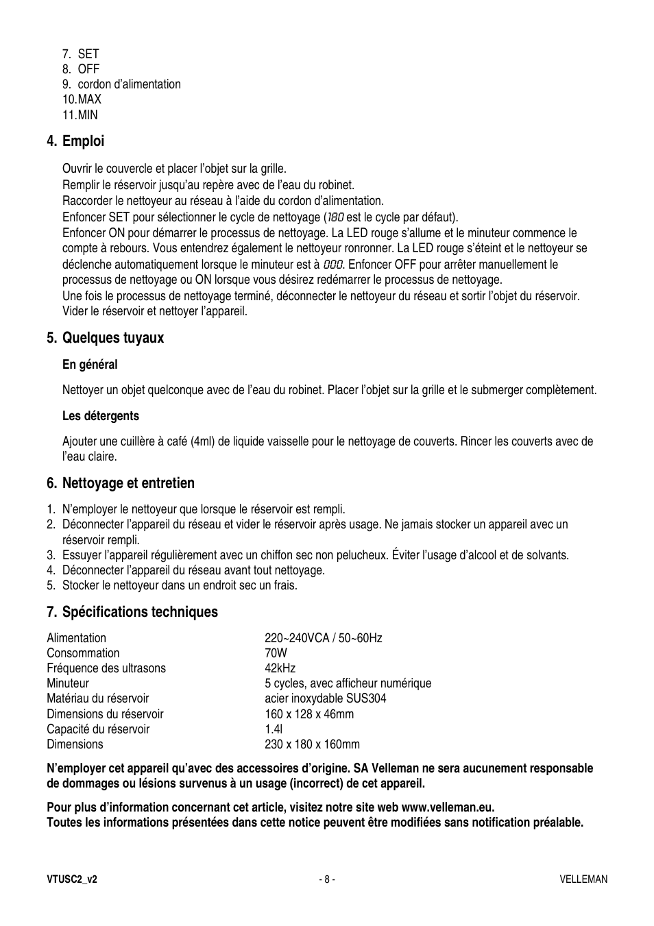 Emploi, Quelques tuyaux, Nettoyage et entretien | Spécifications techniques | Velleman VTUSC2 User Manual | Page 8 / 12