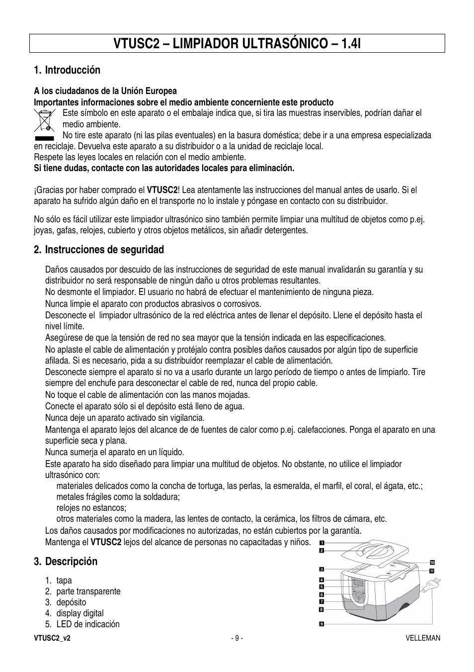 Vtusc2 – limpiador ultrasónico – 1.4l | Velleman VTUSC2 User Manual | Page 9 / 12