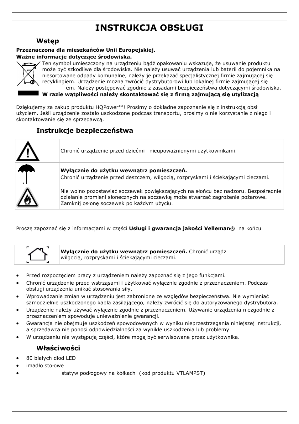 Instrukcja obsługi, Wstęp, Instrukcje bezpieczeństwa | Informacje ogólne, Właściwości | Velleman VTLLAMP4W User Manual | Page 14 / 18