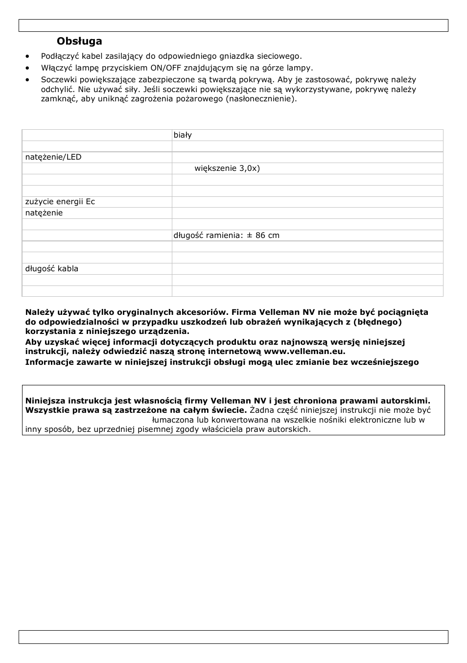 Obsługa, Specyfikacja techniczna | Velleman VTLLAMP4W User Manual | Page 15 / 18