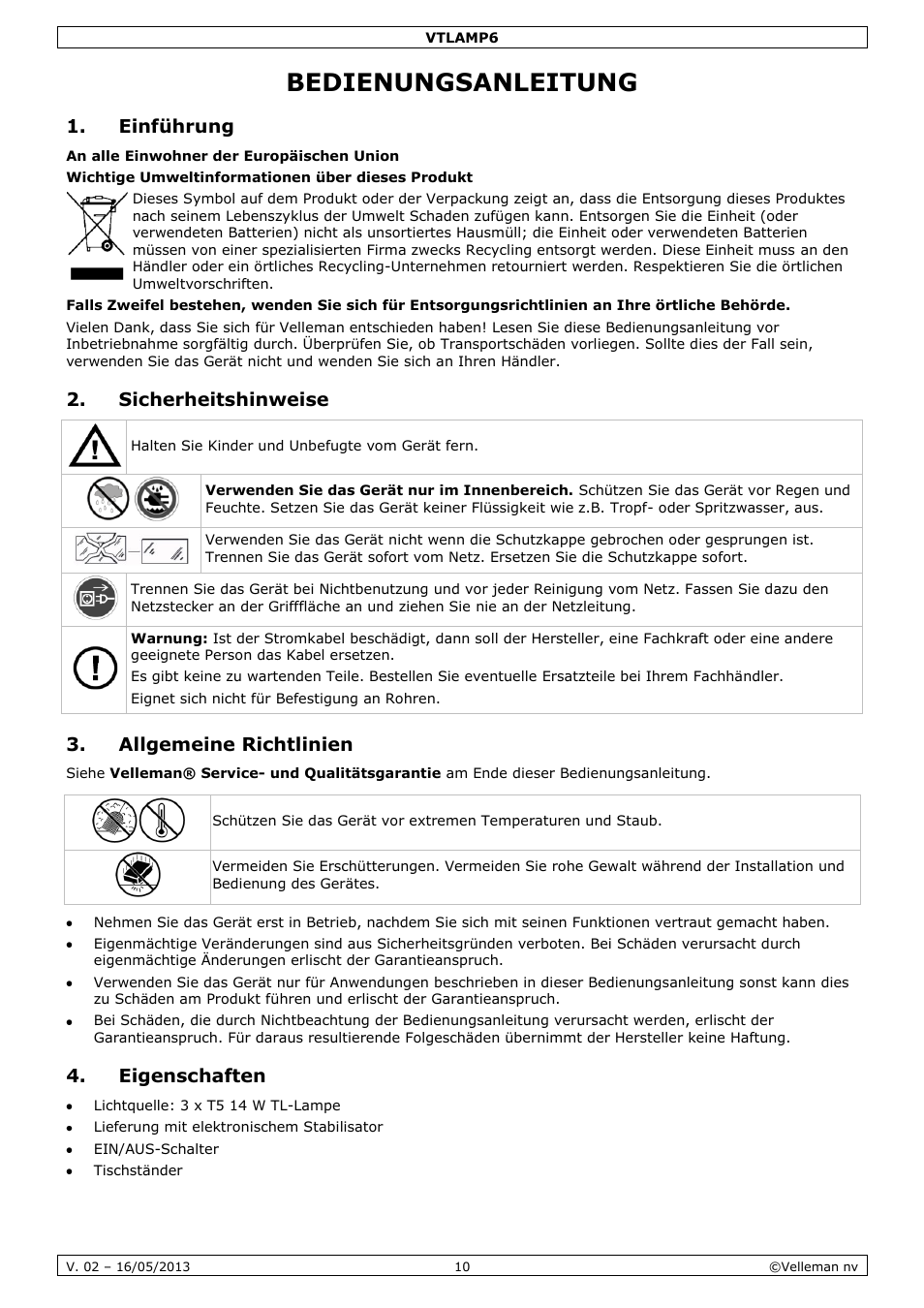 Bedienungsanleitung, Einführung, Sicherheitshinweise | Allgemeine richtlinien, Eigenschaften | Velleman VTLAMP6 User Manual | Page 10 / 17