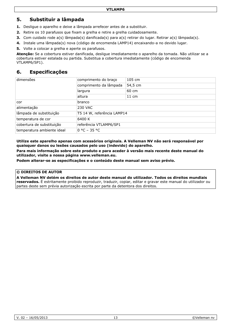 Substituir a lâmpada, Especificações | Velleman VTLAMP6 User Manual | Page 13 / 17