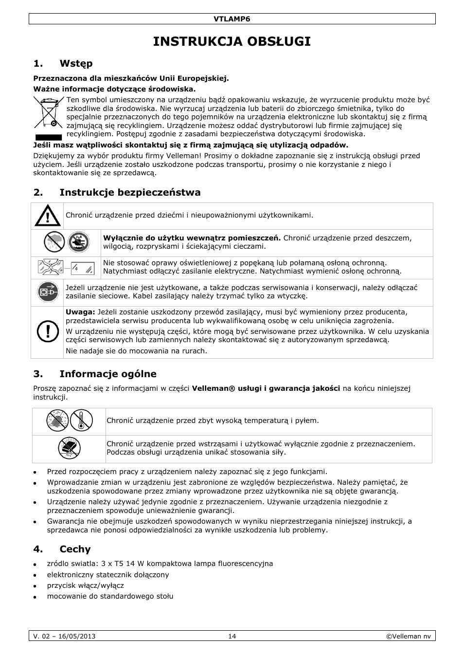 Instrukcja obsługi, Wstęp, Instrukcje bezpieczeństwa | Informacje ogólne, Cechy | Velleman VTLAMP6 User Manual | Page 14 / 17