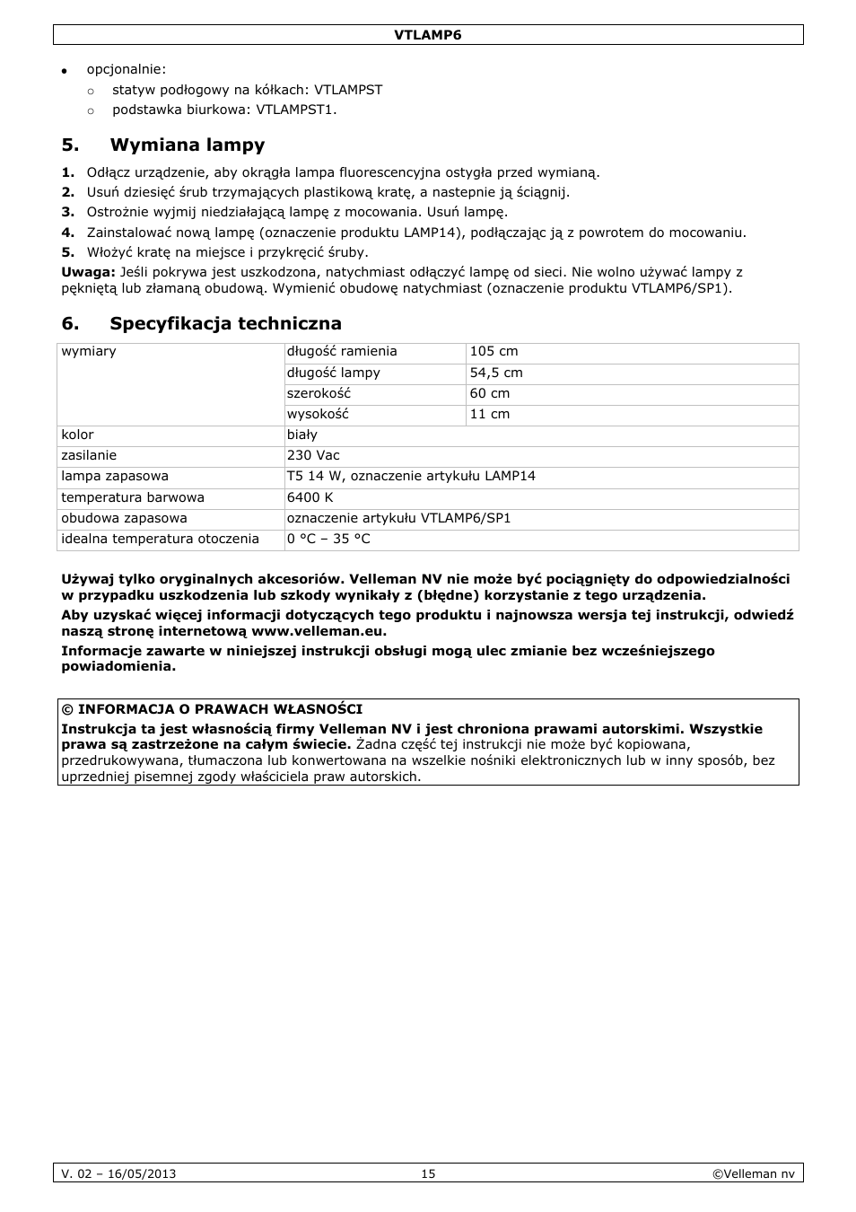 Wymiana lampy, Specyfikacja techniczna | Velleman VTLAMP6 User Manual | Page 15 / 17