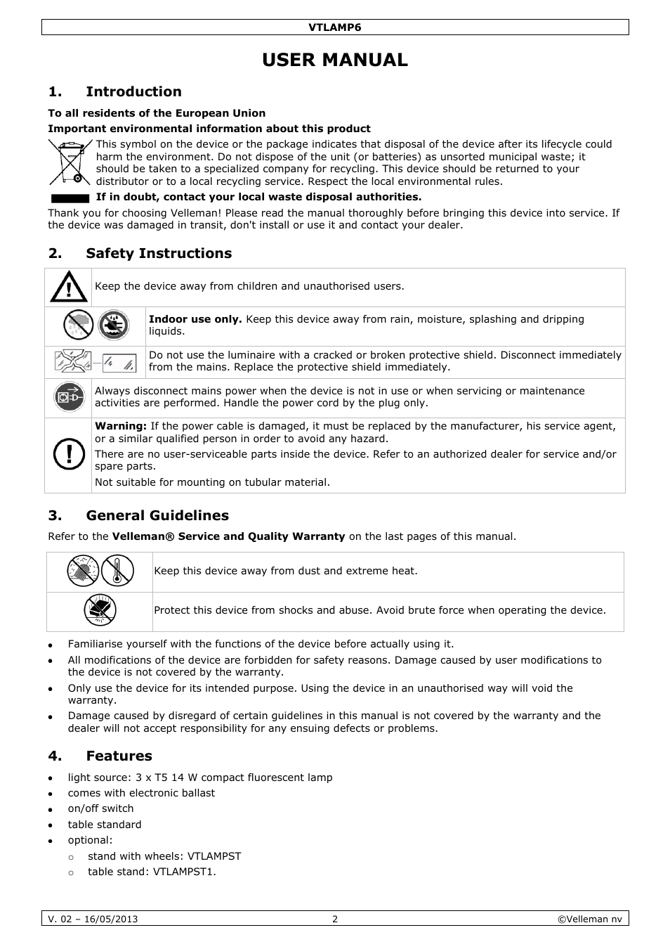 User manual, Introduction, Safety instructions | General guidelines, Features | Velleman VTLAMP6 User Manual | Page 2 / 17