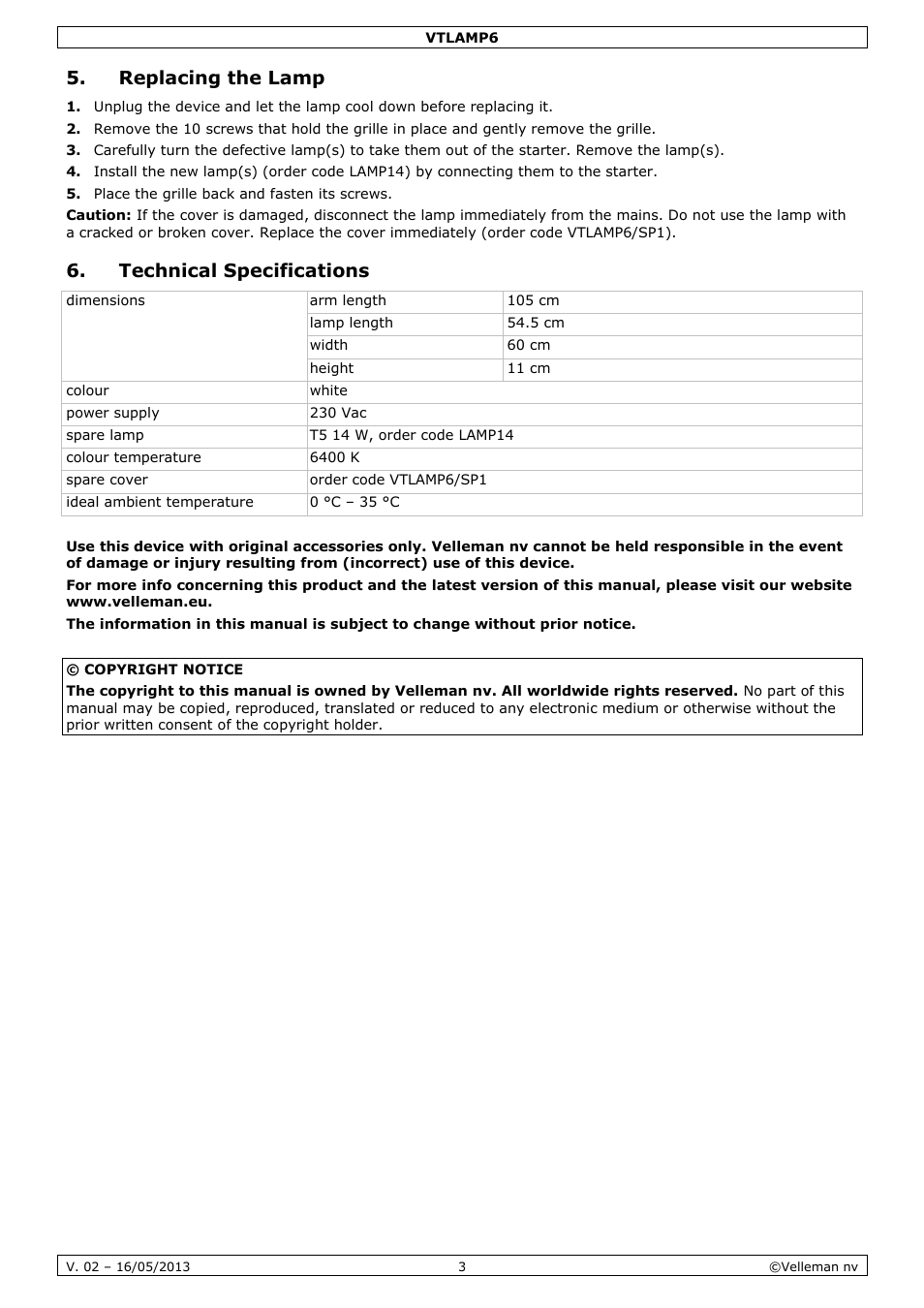 Replacing the lamp, Technical specifications | Velleman VTLAMP6 User Manual | Page 3 / 17