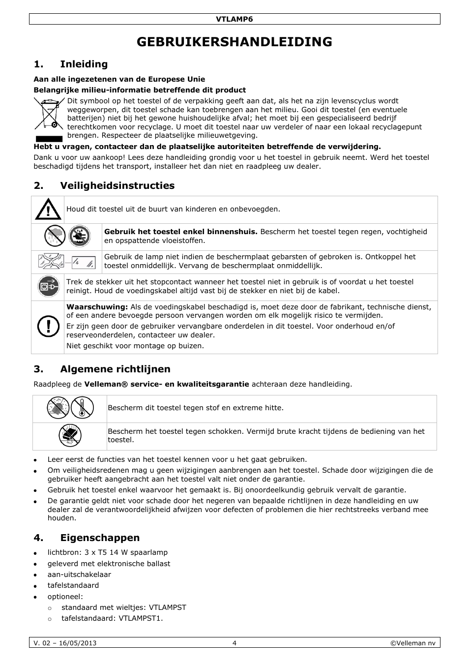 Gebruikershandleiding, Inleiding, Veiligheidsinstructies | Algemene richtlijnen, Eigenschappen | Velleman VTLAMP6 User Manual | Page 4 / 17