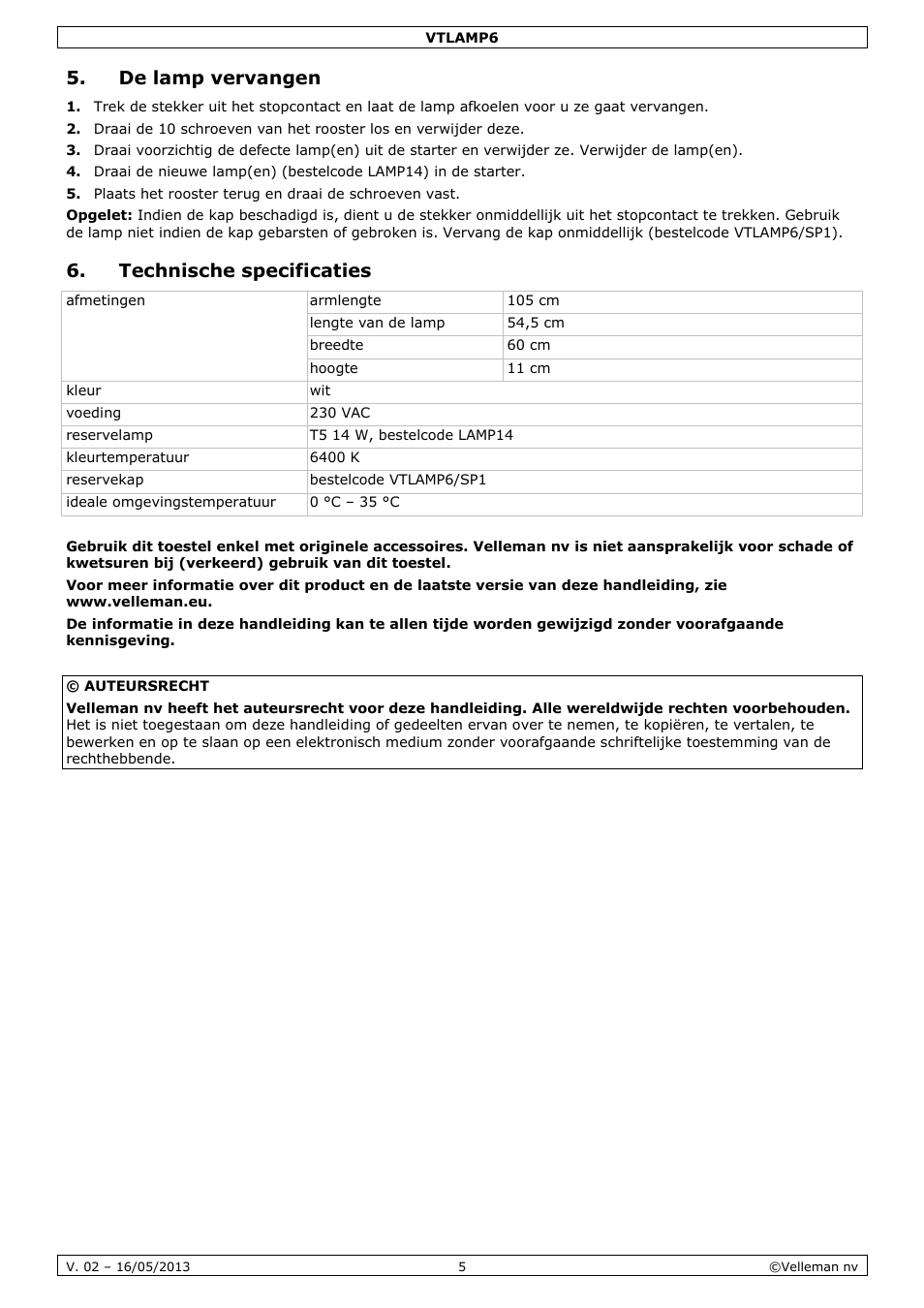 De lamp vervangen, Technische specificaties | Velleman VTLAMP6 User Manual | Page 5 / 17