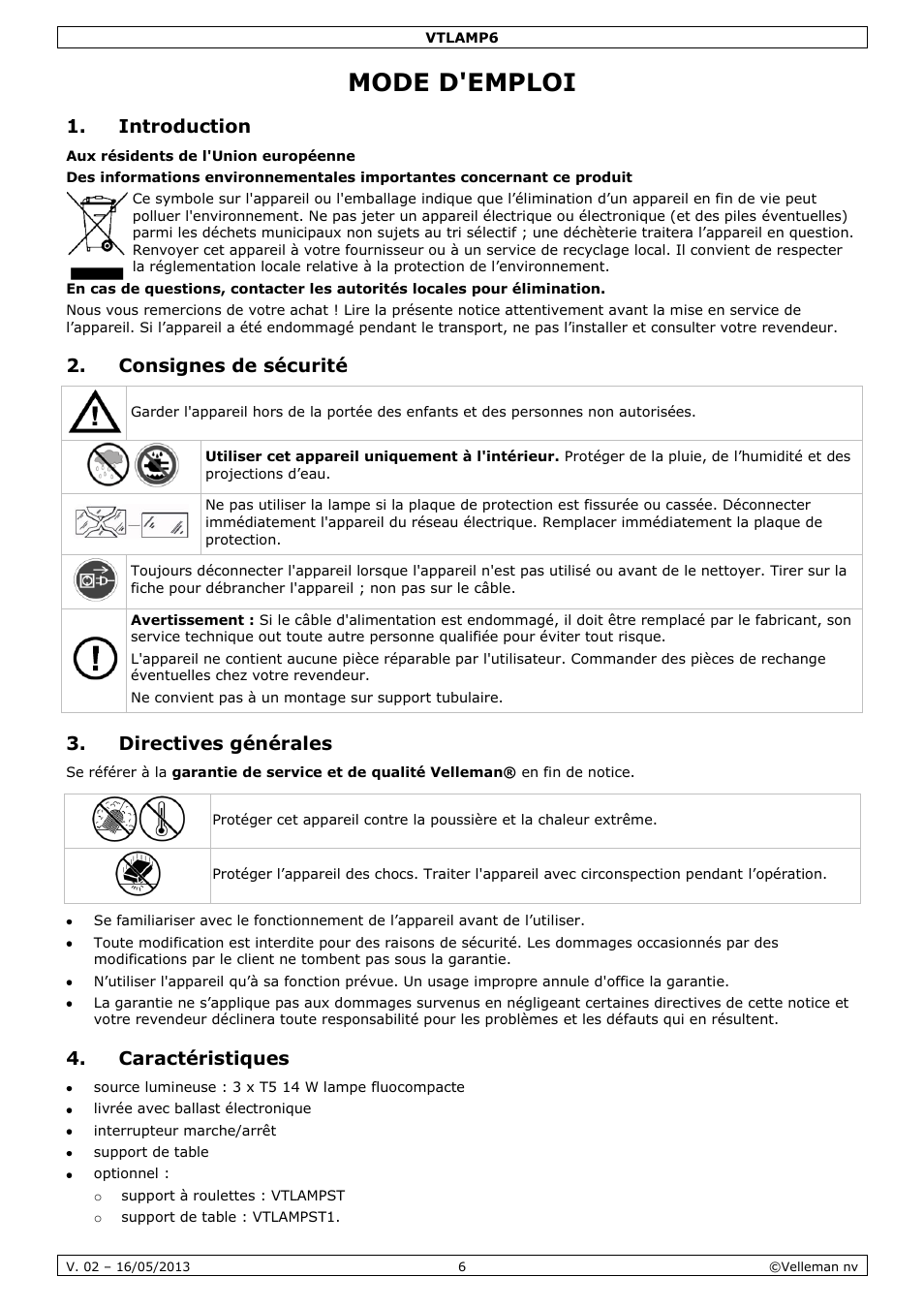 Mode d'emploi, Introduction, Consignes de sécurité | Directives générales, Caractéristiques | Velleman VTLAMP6 User Manual | Page 6 / 17