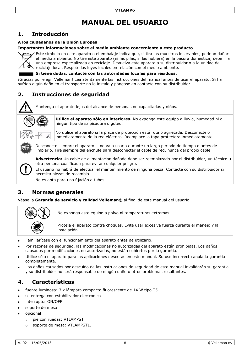 Manual del usuario, Introducción, Instrucciones de seguridad | Normas generales, Características | Velleman VTLAMP6 User Manual | Page 8 / 17